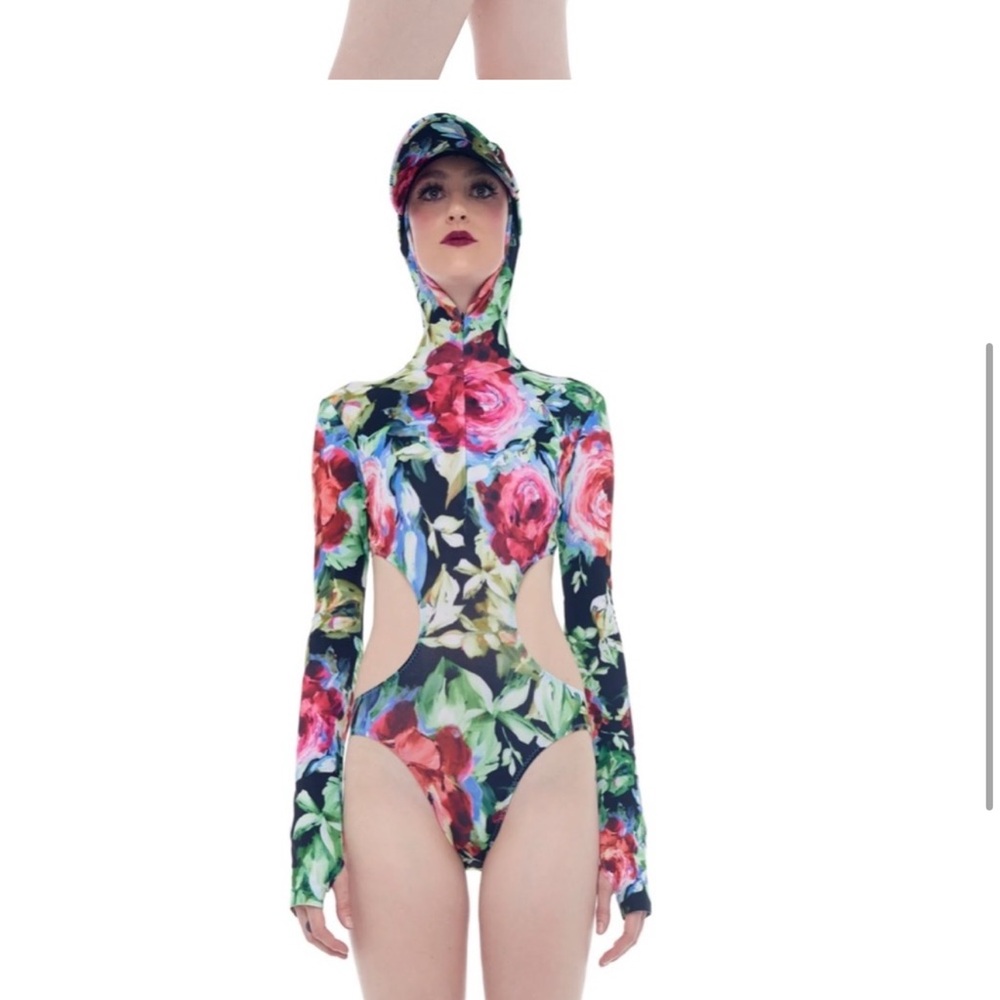 Norma Kamali hooded floral bodysuit suit swim size L Large pink green resort - Picture 3 of 5